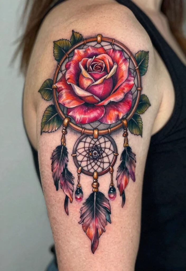 18 Realistic Rose Tattoo Ideas That Look Incredibly Lifelike - 18. Rose with Dreamcatcher 1
