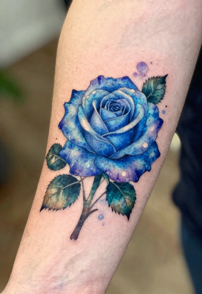 18 Realistic Rose Tattoo Ideas That Look Incredibly Lifelike - 6. Blue Rose with Watercolor Effect 1
