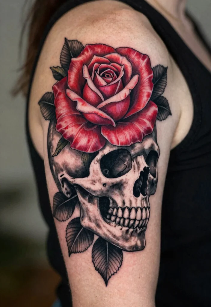 18 Realistic Rose Tattoo Ideas That Look Incredibly Lifelike - 7. Rose and Skull Combination 1