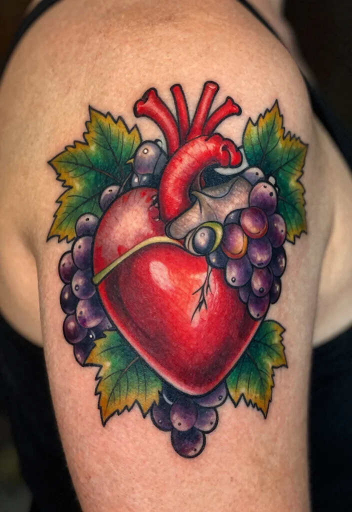 18 Sacred Heart Tattoo Traditional Ideas Classic Bold and Iconic - 12. Sacred Heart with Grapes 1
