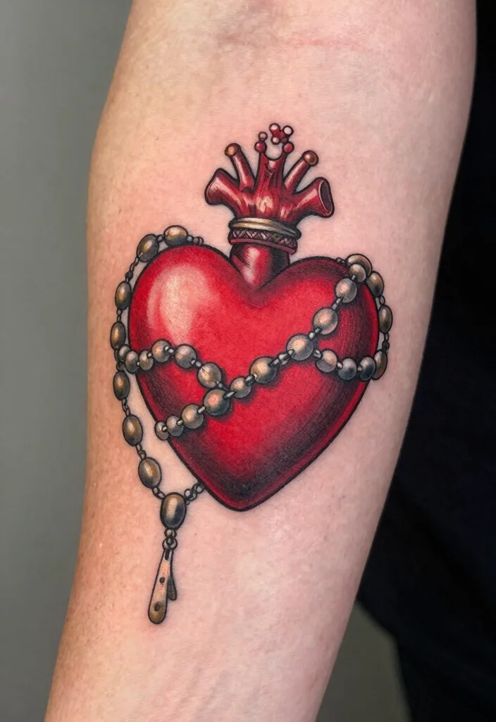 18 Sacred Heart Tattoo Traditional Ideas Classic Bold and Iconic - 3. Sacred Heart with a Rosary 1