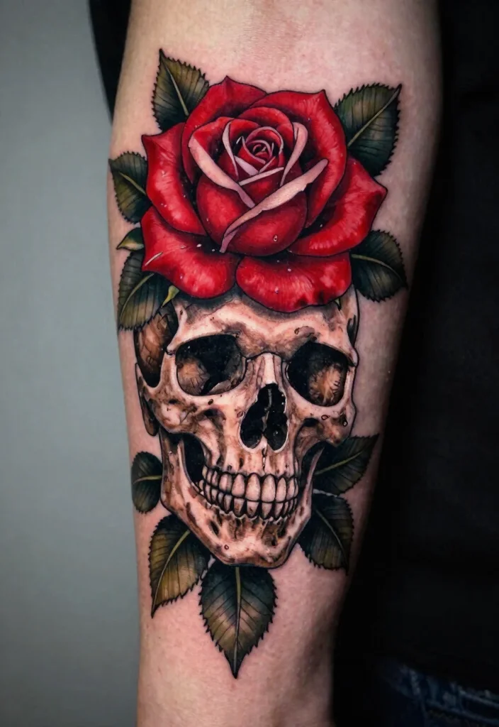 18 Skull and Rose Tattoo Ideas Bold Dark and Powerful - 1. The Bold Classic 1