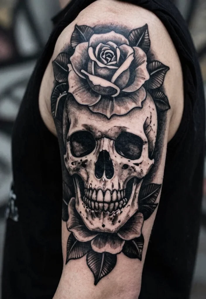 18 Skull and Rose Tattoo Ideas Bold Dark and Powerful - 12. Edgy Blackout 1
