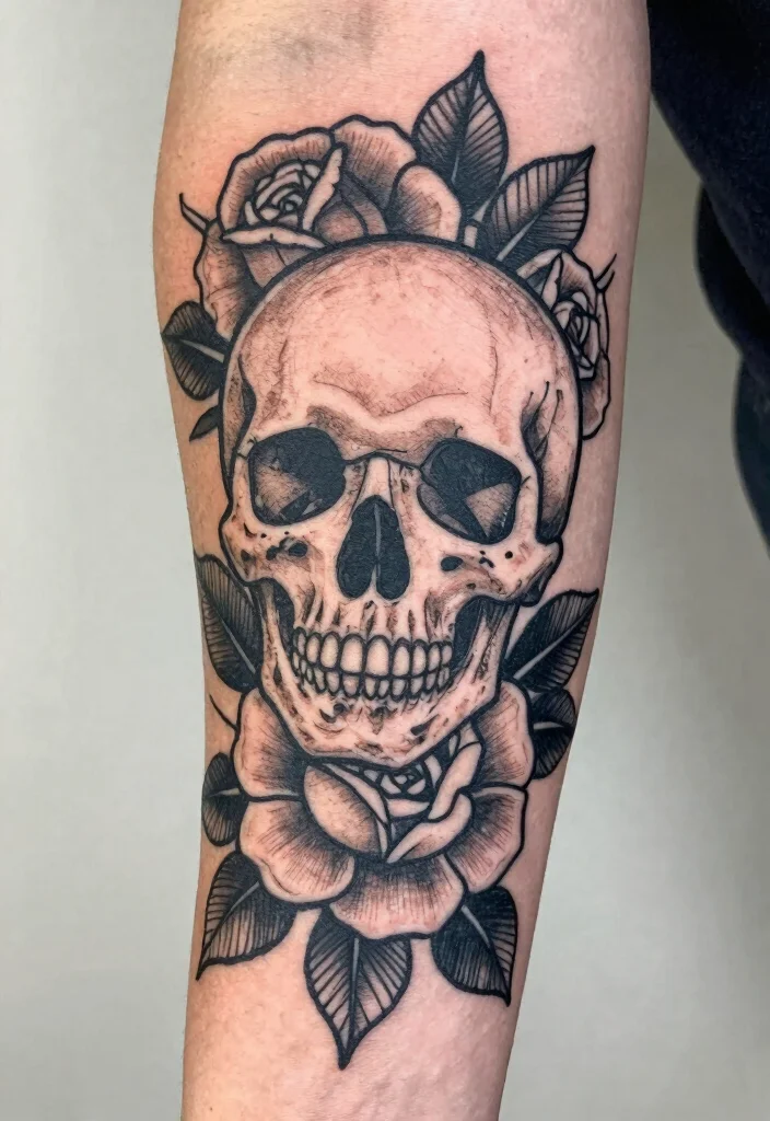 18 Skull and Rose Tattoo Ideas Bold Dark and Powerful - 14. Bold Linework 1