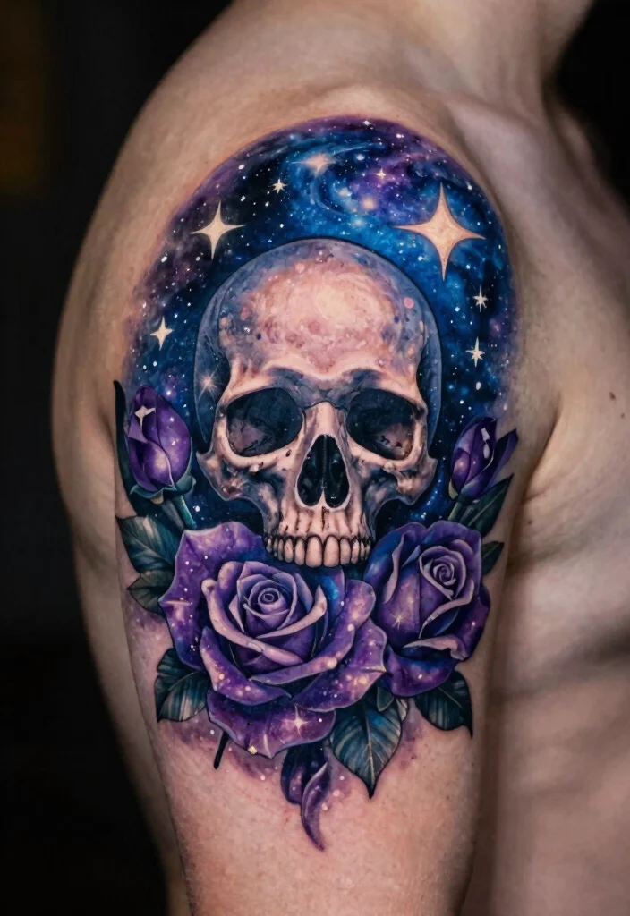 18 Skull and Rose Tattoo Ideas Bold Dark and Powerful - 17. Cosmic Connection 1