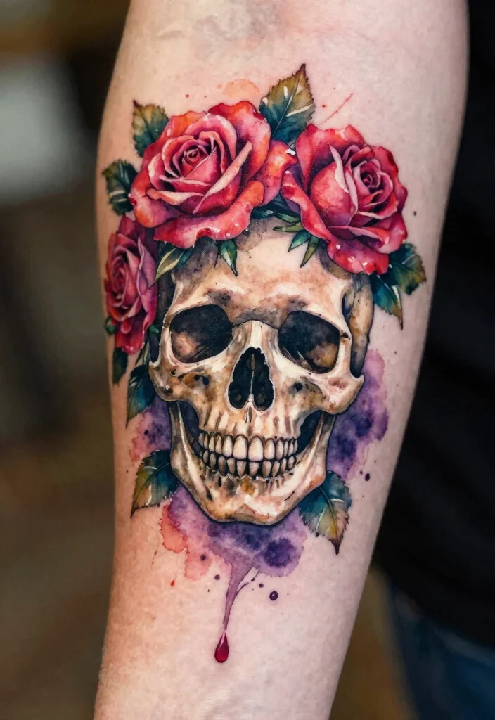 18 Skull and Rose Tattoo Ideas Bold Dark and Powerful - 3. Watercolor Wonders 1