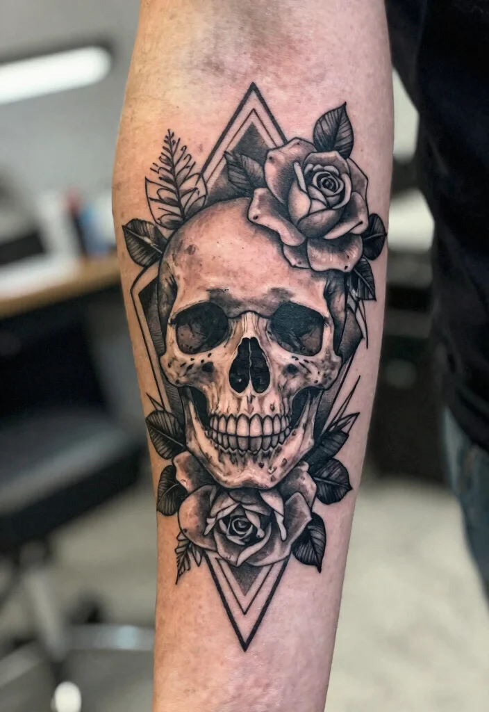 18 Skull and Rose Tattoo Ideas Bold Dark and Powerful - 4. Geometric Elements 1