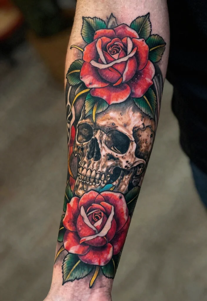 18 Skull and Rose Tattoo Ideas Bold Dark and Powerful - 6. Sleeve Masterpiece 1
