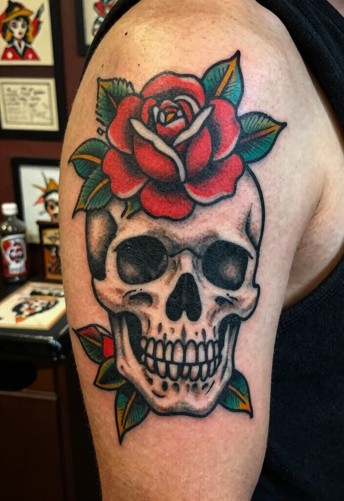 18 Skull and Rose Tattoo Ideas Bold Dark and Powerful - 7. Vintage Vibes 1