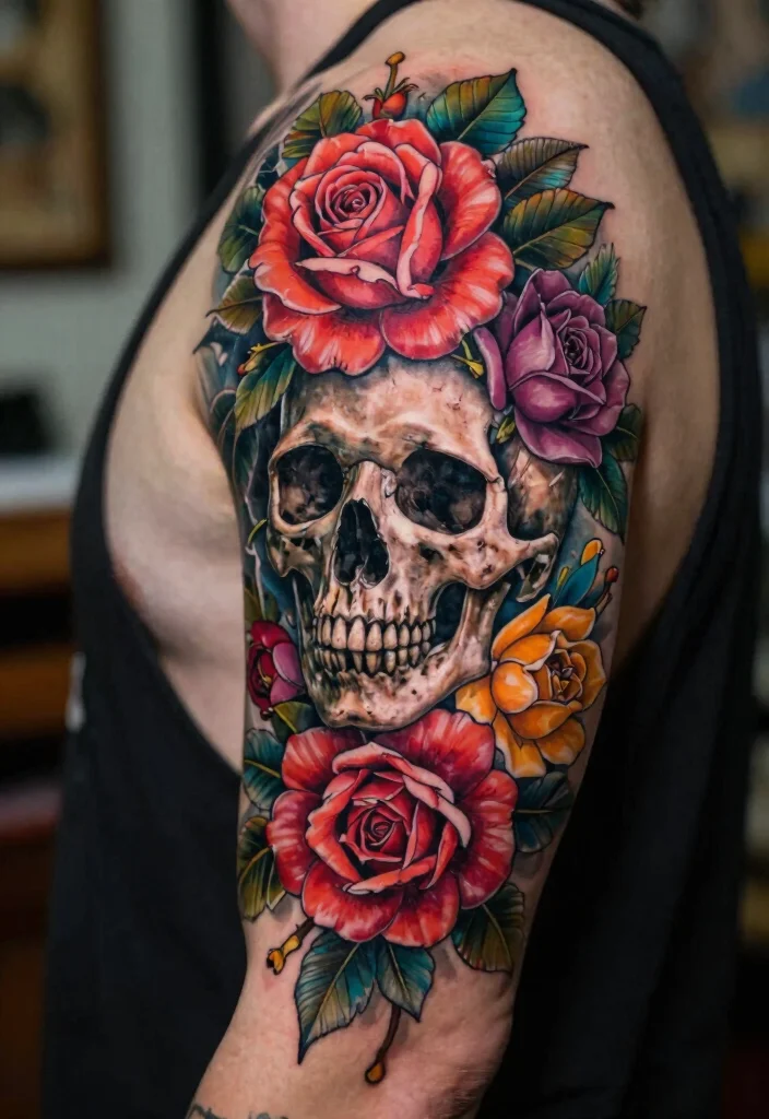 18 Skull and Rose Tattoo Ideas Bold Dark and Powerful - 8. Floral Cascade 1