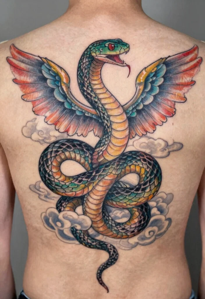 18 Snake Tattoo Back Ideas: Dramatic and Statement Making - 11. Mythical Snake 1