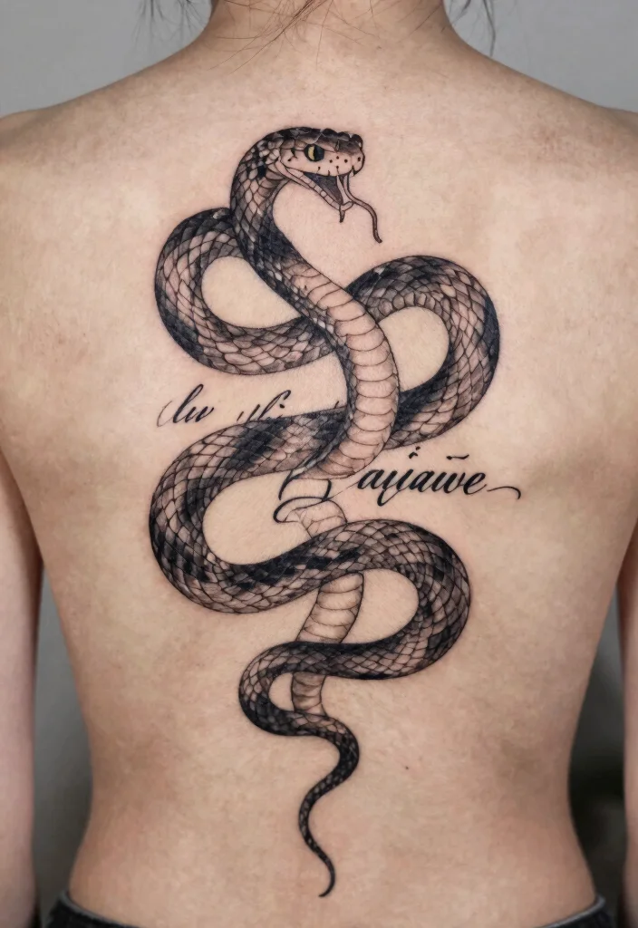 18 Snake Tattoo Back Ideas: Dramatic and Statement Making - 12. Snake with Quote 1