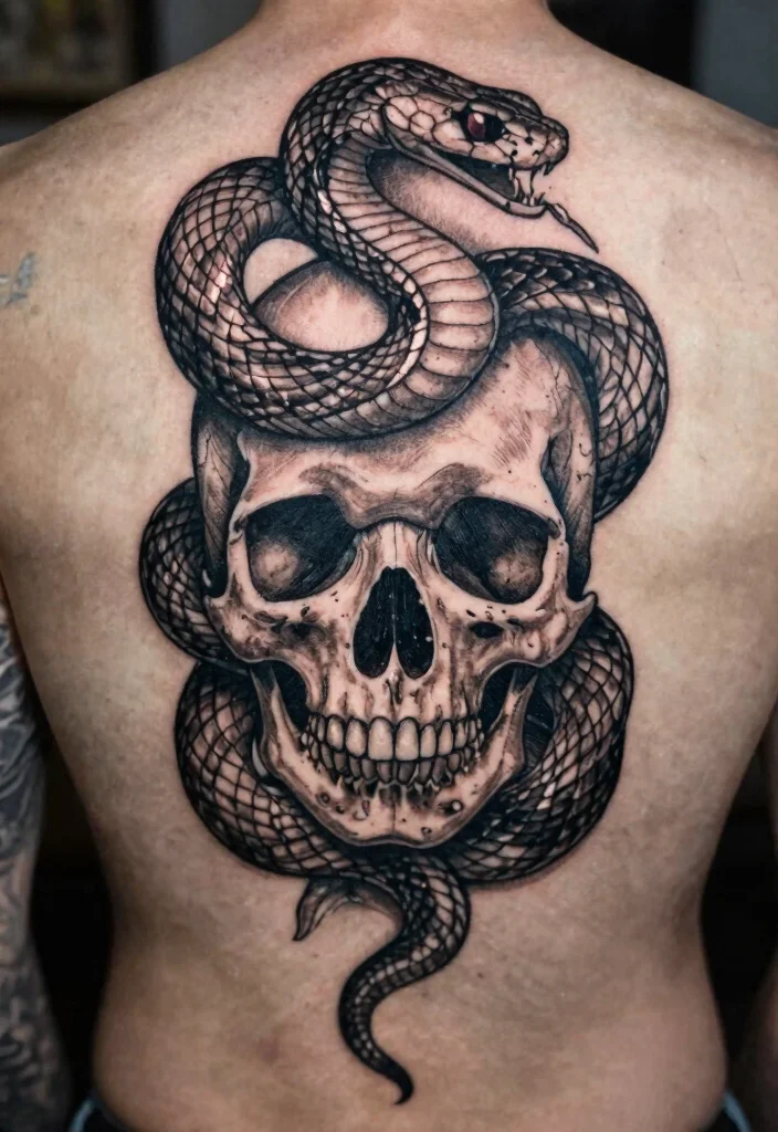 18 Snake Tattoo Back Ideas: Dramatic and Statement Making - 14. Snake and Skull 1