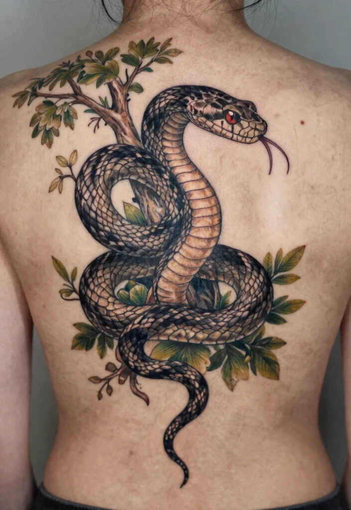 18 Snake Tattoo Back Ideas: Dramatic and Statement Making - 15. Snake and Nature 1