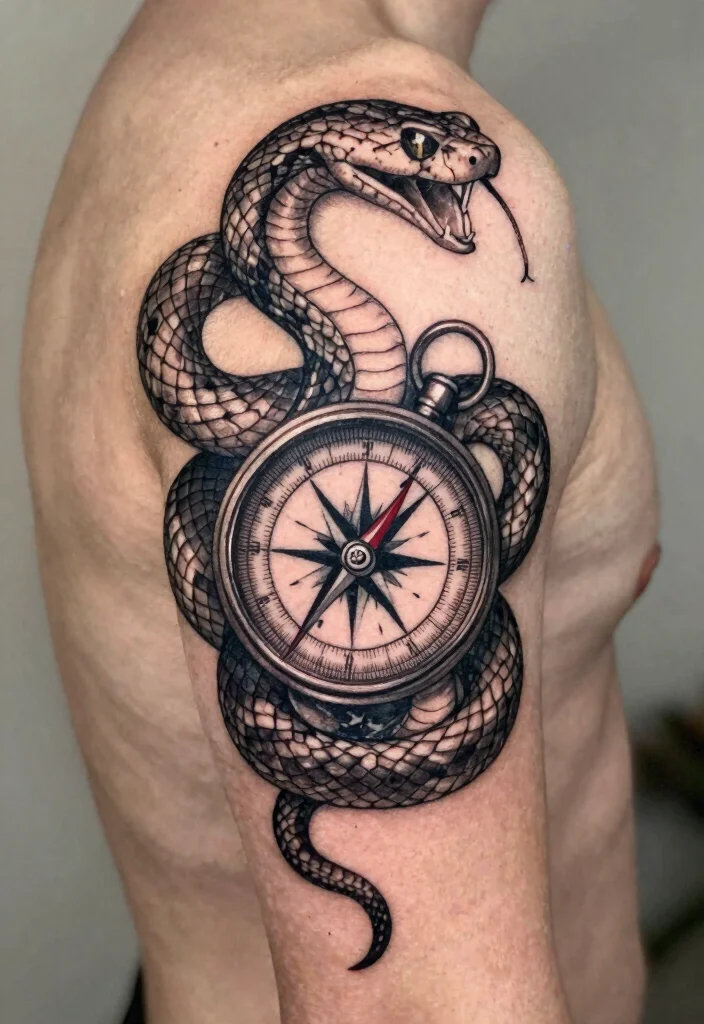 18 Snake Tattoo Back Ideas: Dramatic and Statement Making - 16. Snake and Compass 1