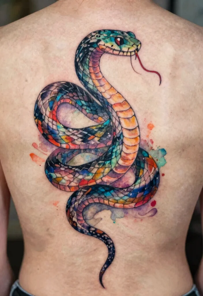 18 Snake Tattoo Back Ideas: Dramatic and Statement Making - 17. Watercolor Snake 1