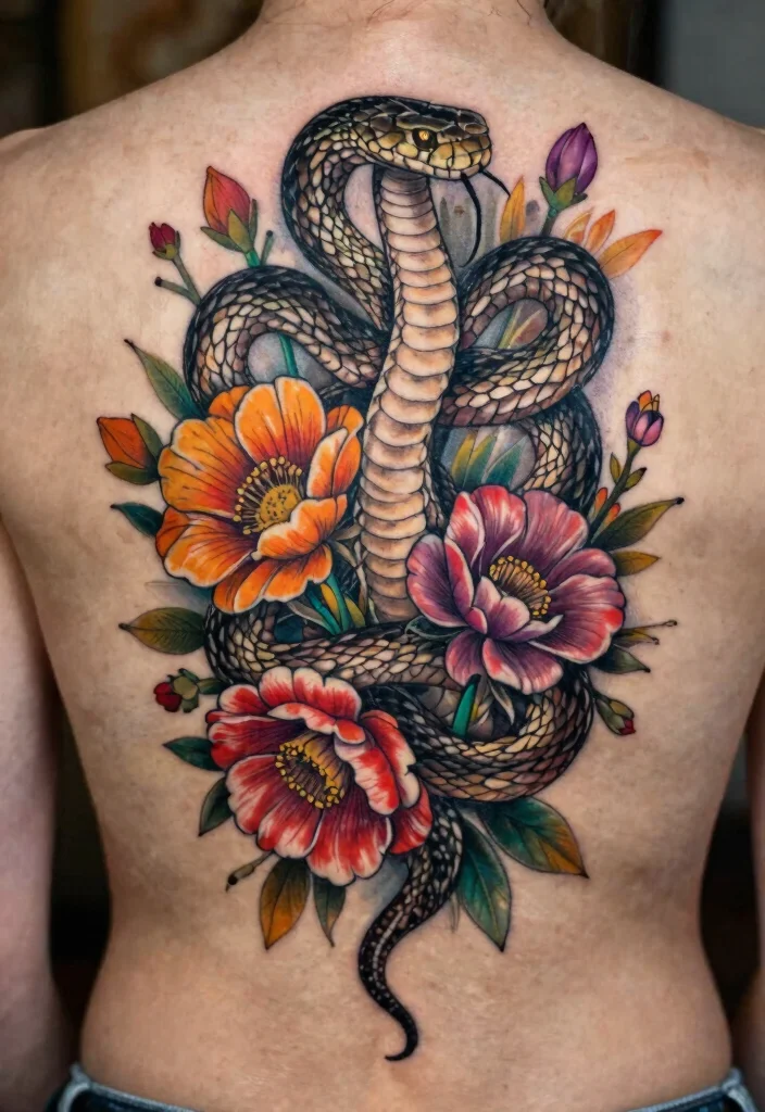 18 Snake Tattoo Back Ideas: Dramatic and Statement Making - 3. Floral Snake Fusion 1