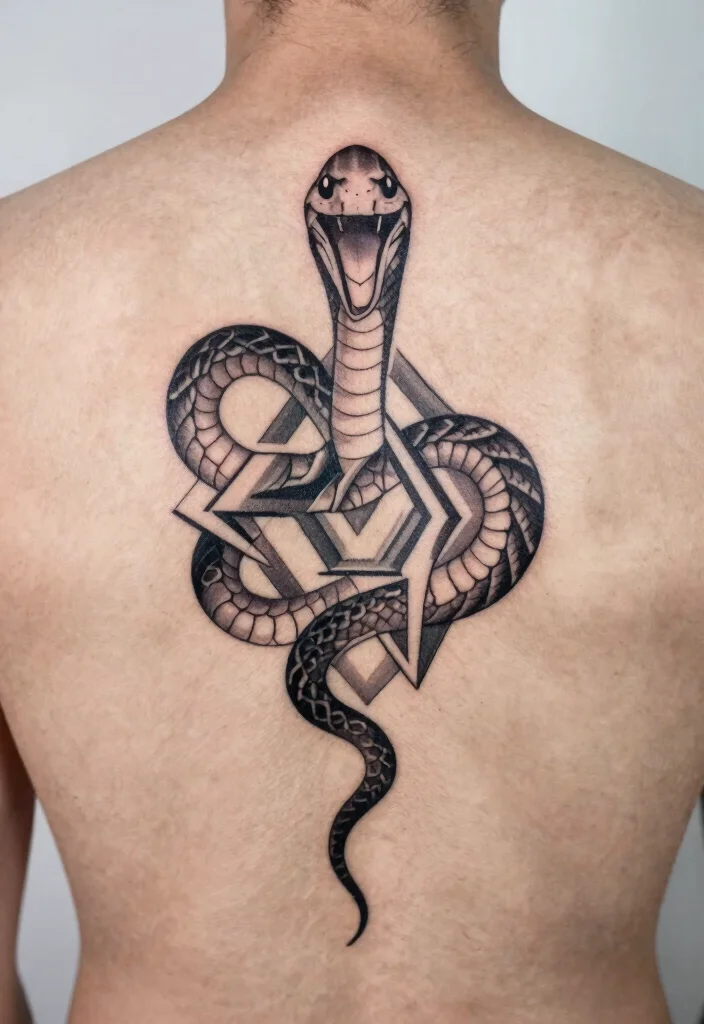 18 Snake Tattoo Back Ideas: Dramatic and Statement Making - 4. Geometric Snake 1
