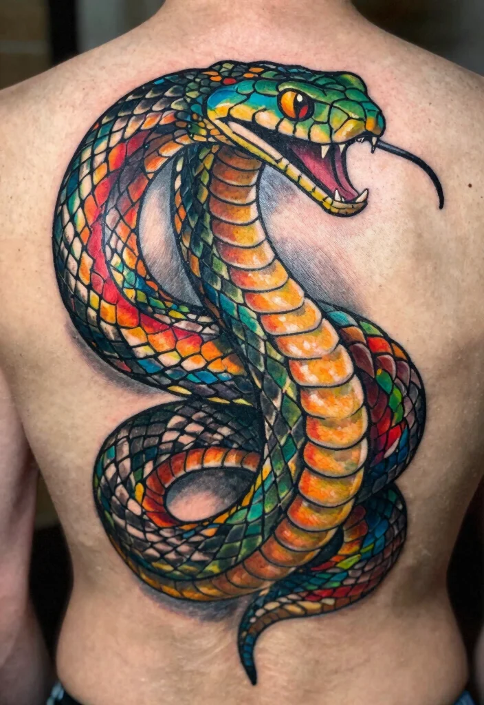 18 Snake Tattoo Back Ideas: Dramatic and Statement Making - 5. Bold Color Splash 1