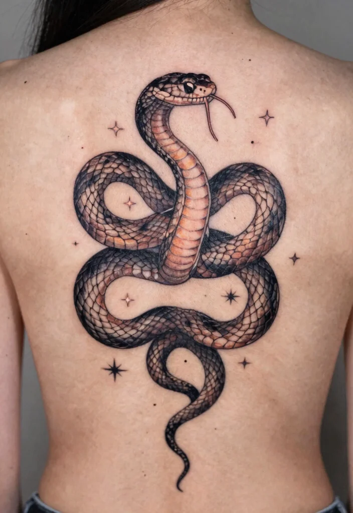 18 Snake Tattoo Back Ideas: Dramatic and Statement Making - 7. Celestial Snake 1