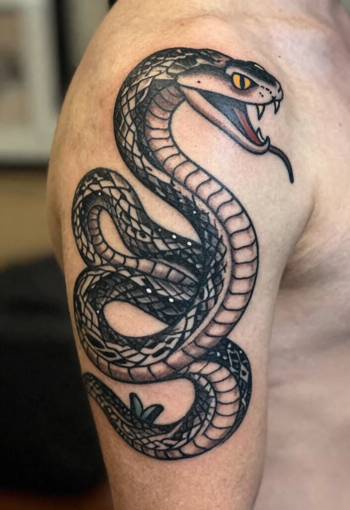 18 Snake Tattoo Back Ideas: Dramatic and Statement Making - 8. Vintage Black and Gray 1