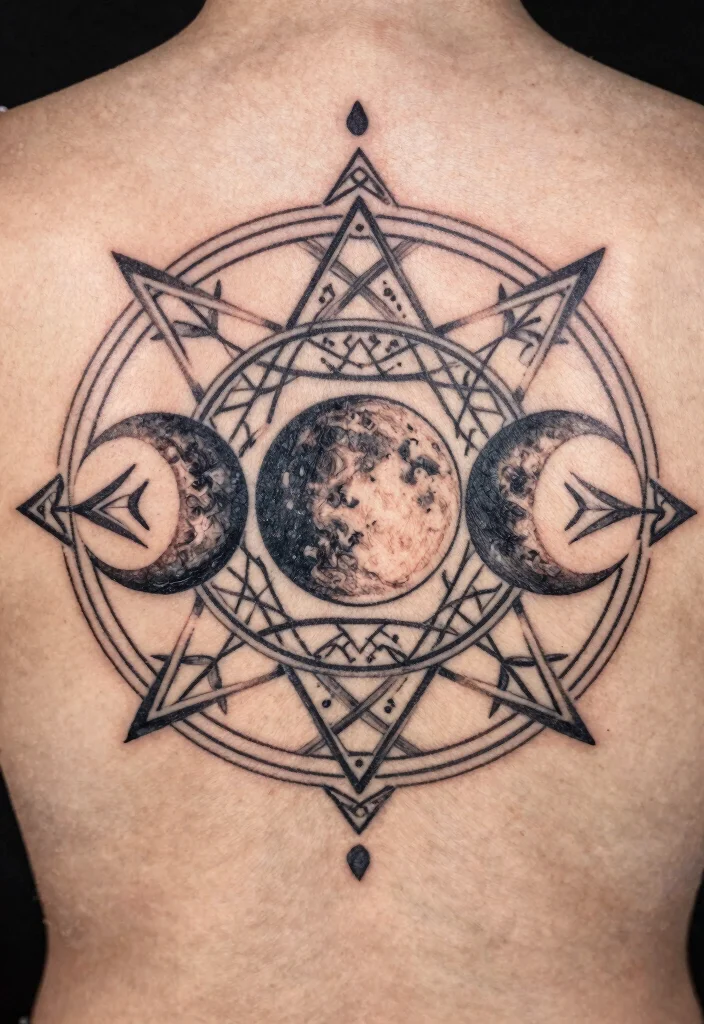 18 Triple Moon Tattoo Ideas: Powerful, Witchy, and Sacred - 17. Triple Moon with Sacred Geometry 1