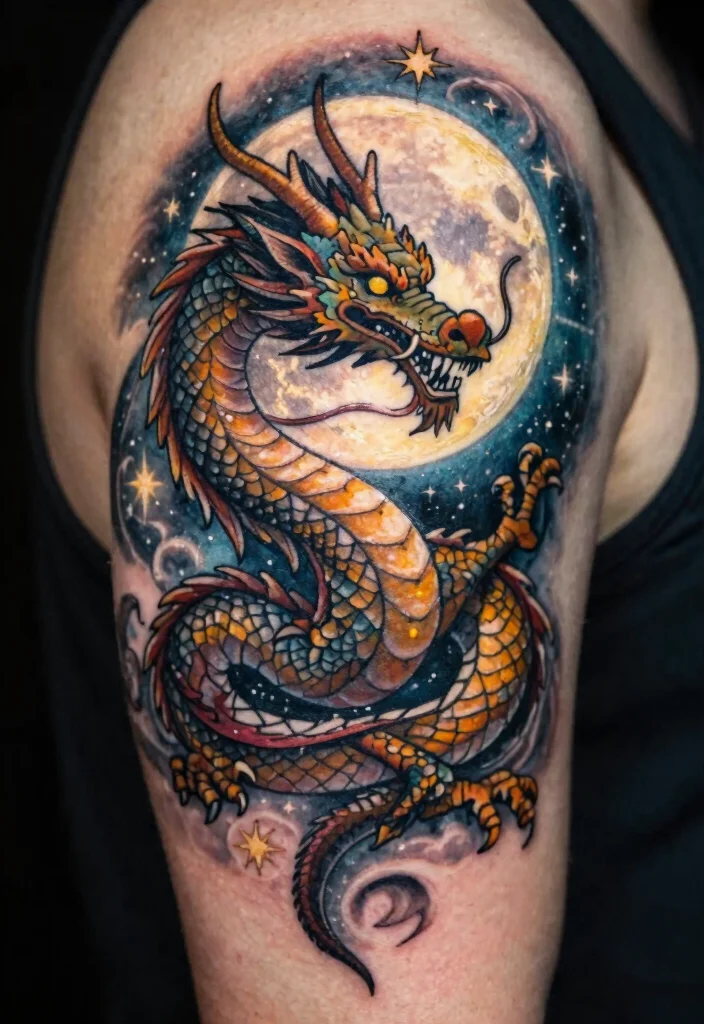 19 Back Dragon Tattoo Ideas: Epic Statement Pieces - 14. Dragon and Moon Fusion 1