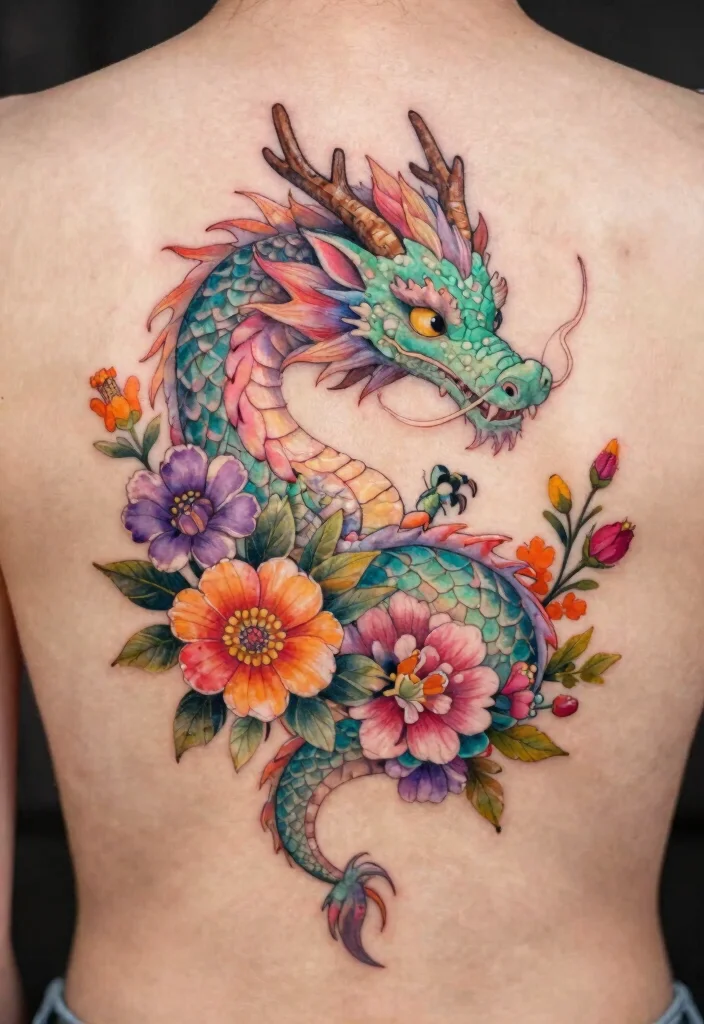 19 Back Dragon Tattoo Ideas: Epic Statement Pieces - 6. Whimsical Dragon with Floral Elements 1