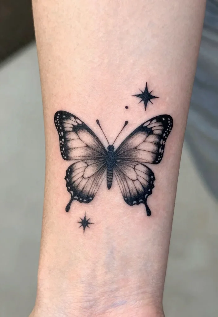 19 Butterfly Tattoo Ideas You Will Want to Save Forever - 11. Butterfly with Stars 1