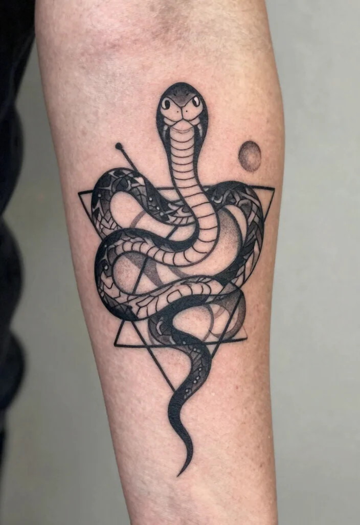 19 Snake Sleeve Tattoo Ideas Flowing Detailed and Artistic - 11. Geometric Snake Design 1