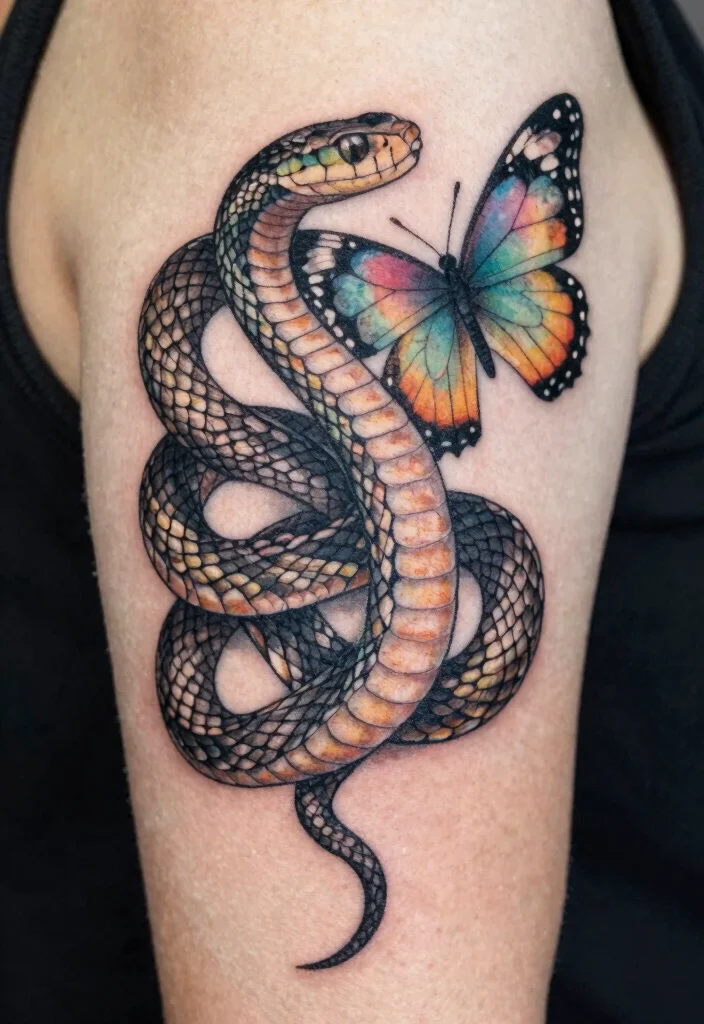 19 Snake Sleeve Tattoo Ideas Flowing Detailed and Artistic - 13. Snake and Butterfly Combination 1