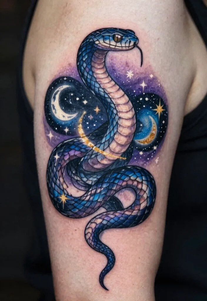 19 Snake Sleeve Tattoo Ideas Flowing Detailed and Artistic - 16. Celestial Snake Design 1
