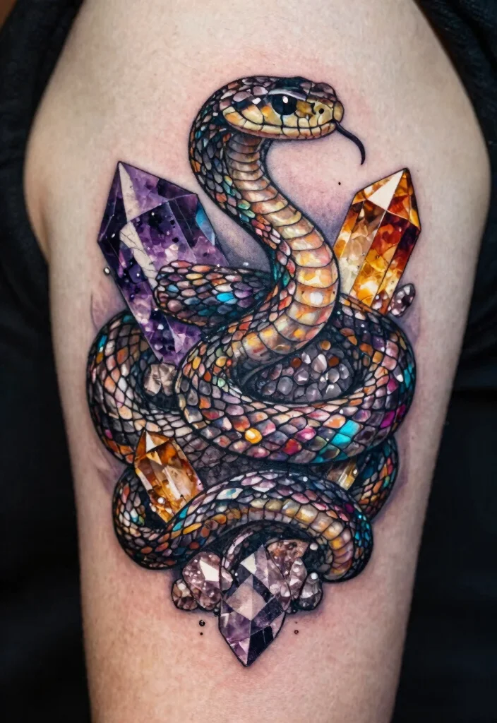 19 Snake Sleeve Tattoo Ideas Flowing Detailed and Artistic - 18. Snake with Crystals 1
