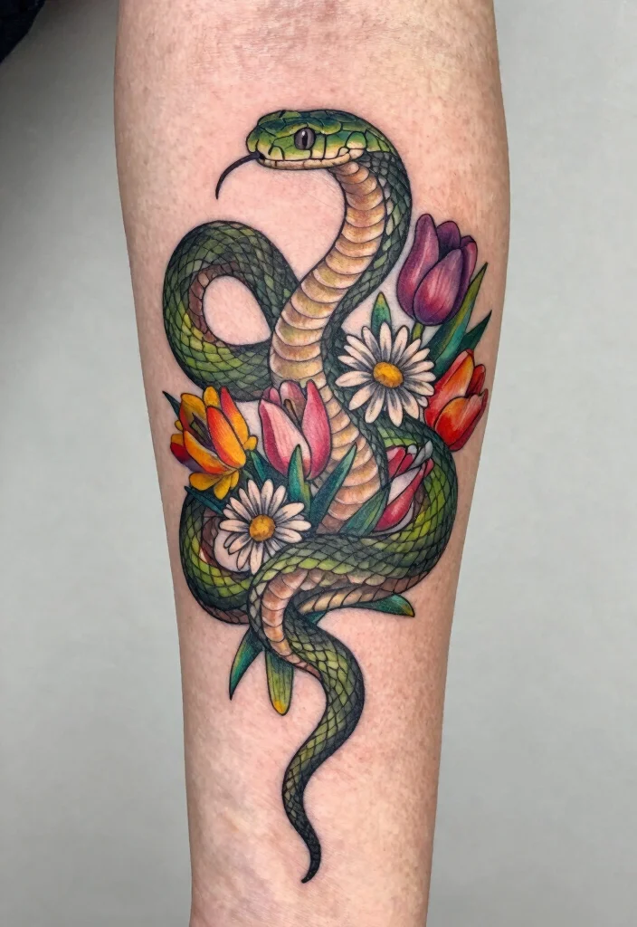 19 Snake Sleeve Tattoo Ideas Flowing Detailed and Artistic - 2. Floral Wrapped Snake 1