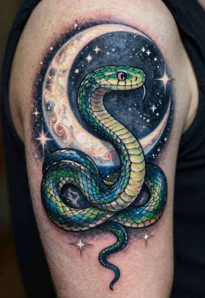 19 Snake Sleeve Tattoo Ideas Flowing Detailed and Artistic - 5. Snake & Moon Combination 1