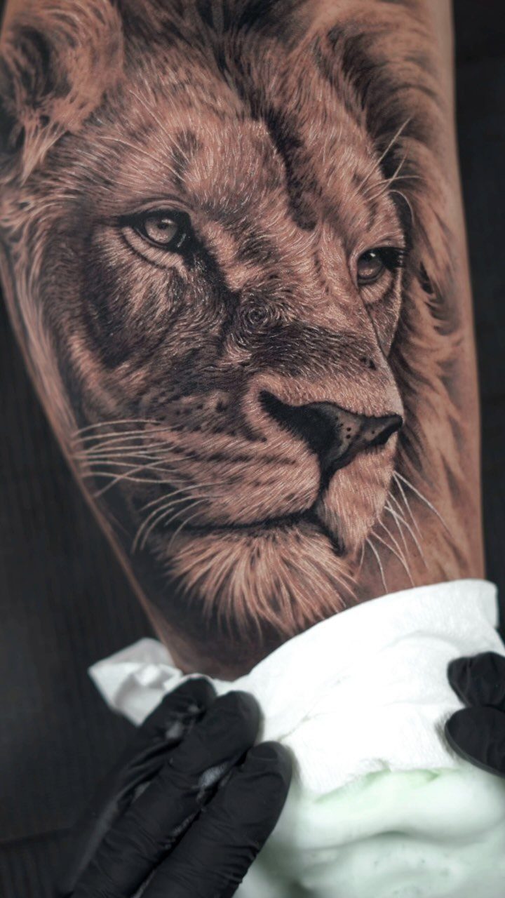 17 Tattoo Pattern on Arm Ideas: From Fine Line to Full Sleeve 9 A highly detailed black and grey realism tattoo of a lion's face on an arm.