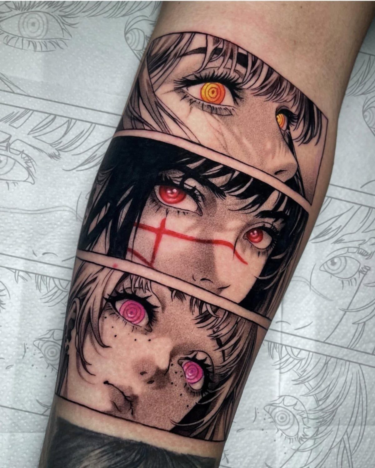 9 Tattoo Style Anime Ideas for Your First Ink or Next Sleeve 9 Anime character eyes tattooed in three rectangular panels on a person's arm.