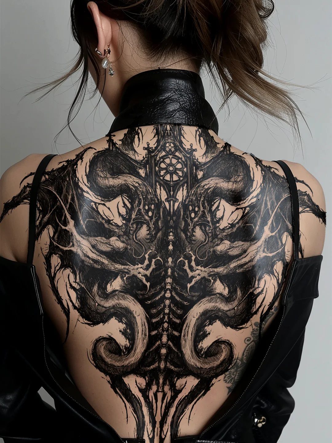 A woman's back displaying a large, intricate black gothic tattoo with dark, swirling patterns.