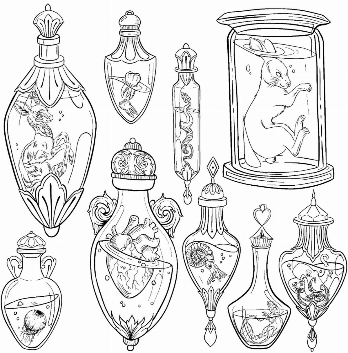 8 Cool Tattoos Ideas Drawing Sketches That Stay Interesting 9 Black ink line drawings of various mystical glass bottles containing different creatures and objects.