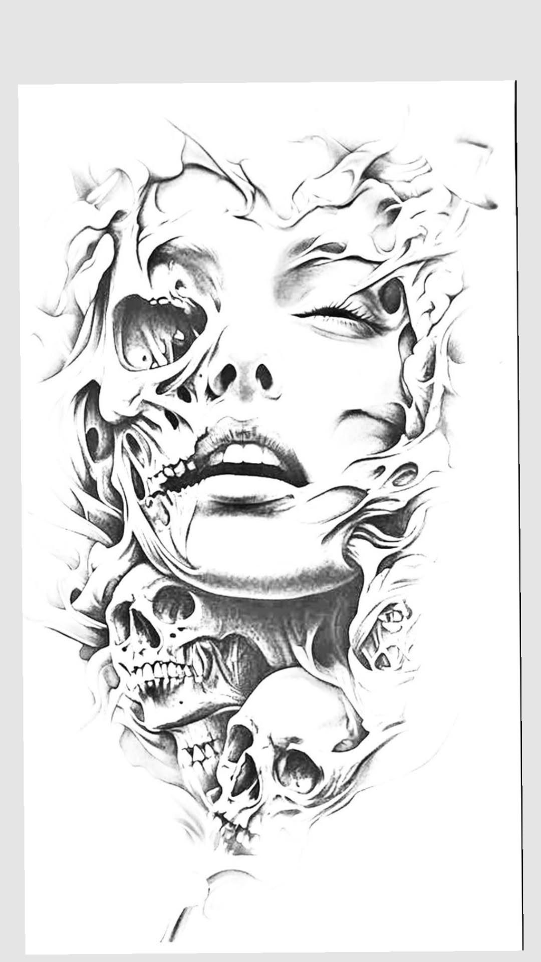 8 Cool Tattoos Ideas Drawing Sketches That Stay Interesting 8 Black ink drawing of a woman's face merging into several human skulls.