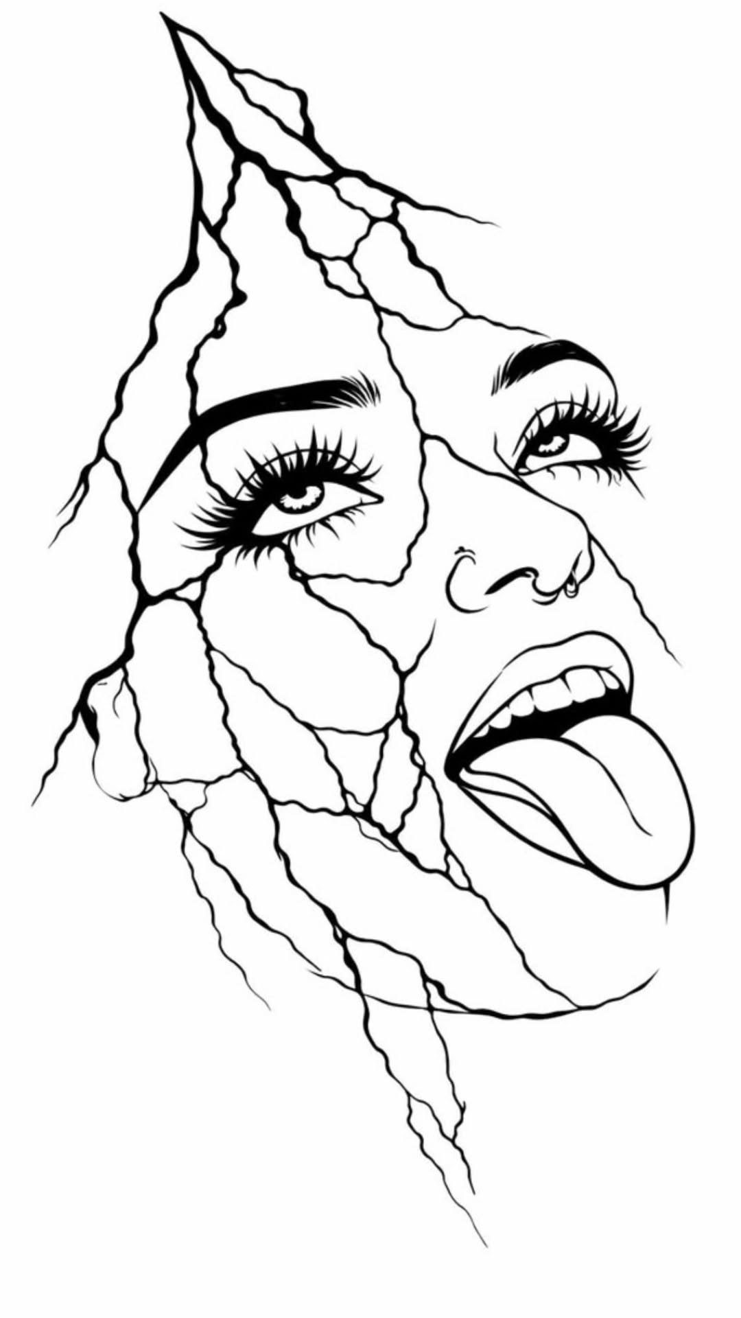 8 Cool Tattoos Ideas Drawing Sketches That Stay Interesting 2 Black ink line drawing of a woman's face with cracks and her tongue sticking out.