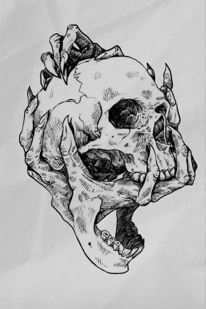 8 Cool Tattoos Ideas Drawing Sketches That Stay Interesting 3 Black ink drawing of a human skull being held by clawed hands on textured paper.