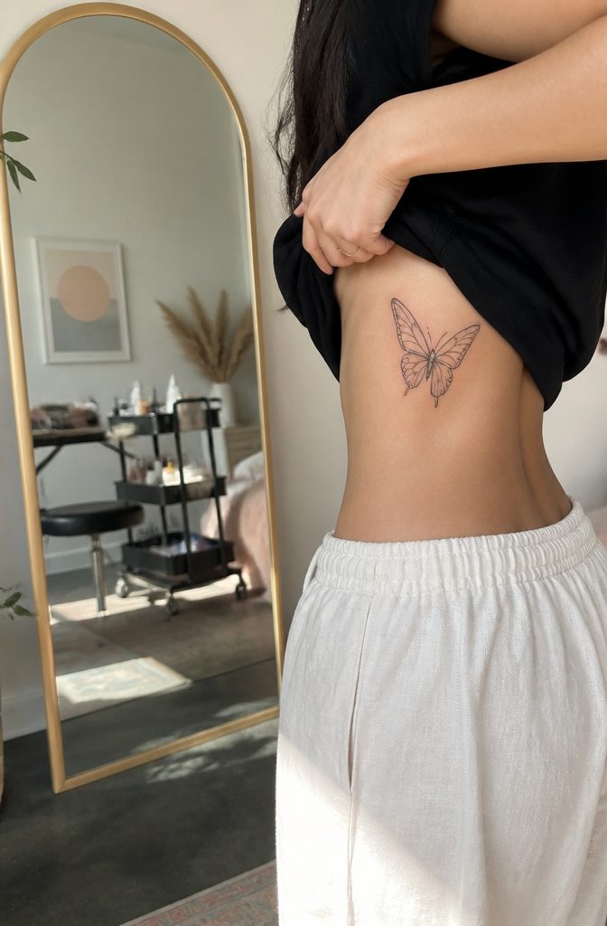 19 Rib Tattoos for Women: Ideas from Floral to Fine Line 3 Butterfly tattoo on a woman's ribcage next to a mirror.