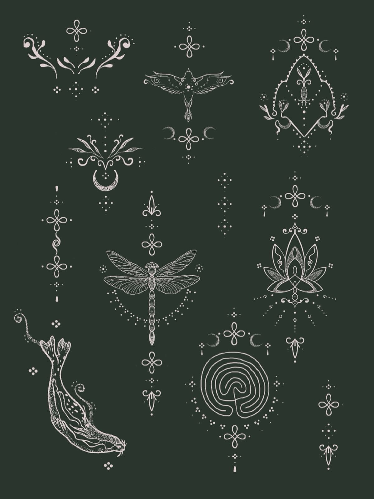 Celtic Pagan Tattoo: 6 Design Ideas and Flash Art 7 White line art illustrations of a dragonfly, whale, and lotus on a dark green background.