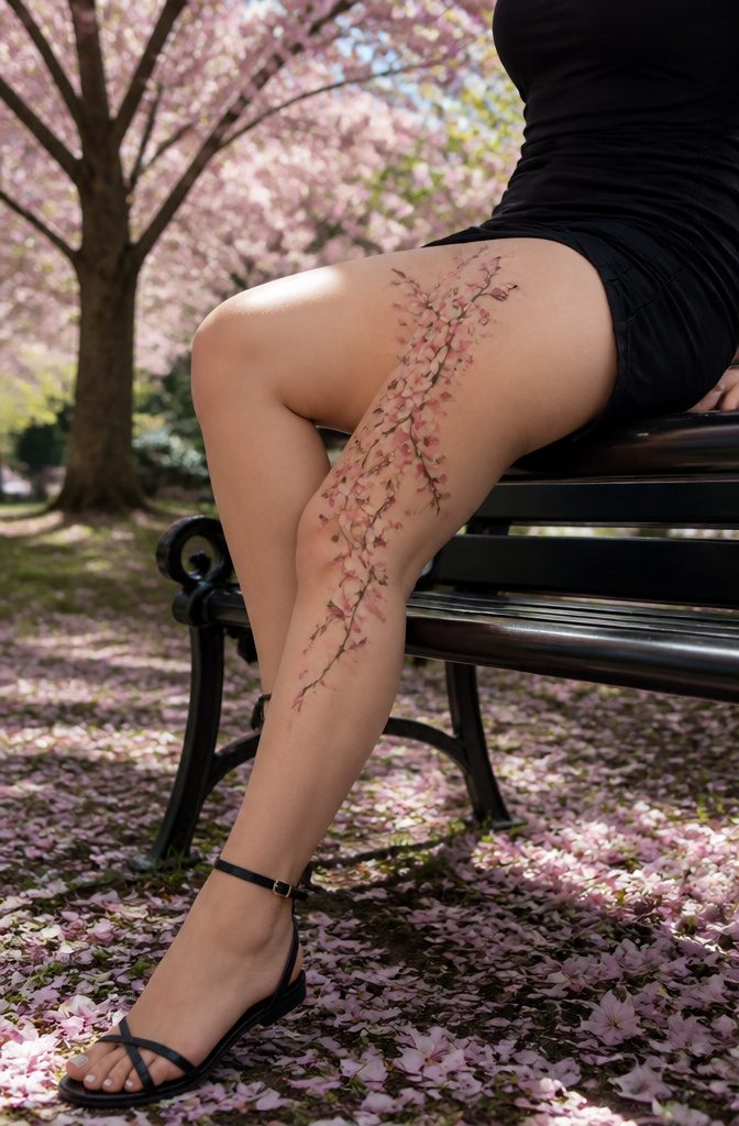 8 Side Thigh Flower Tattoos for Women (Ideas, Pain Guide & Styles) 6 Close-up of a cherry blossom thigh tattoo with cascading blossoms.