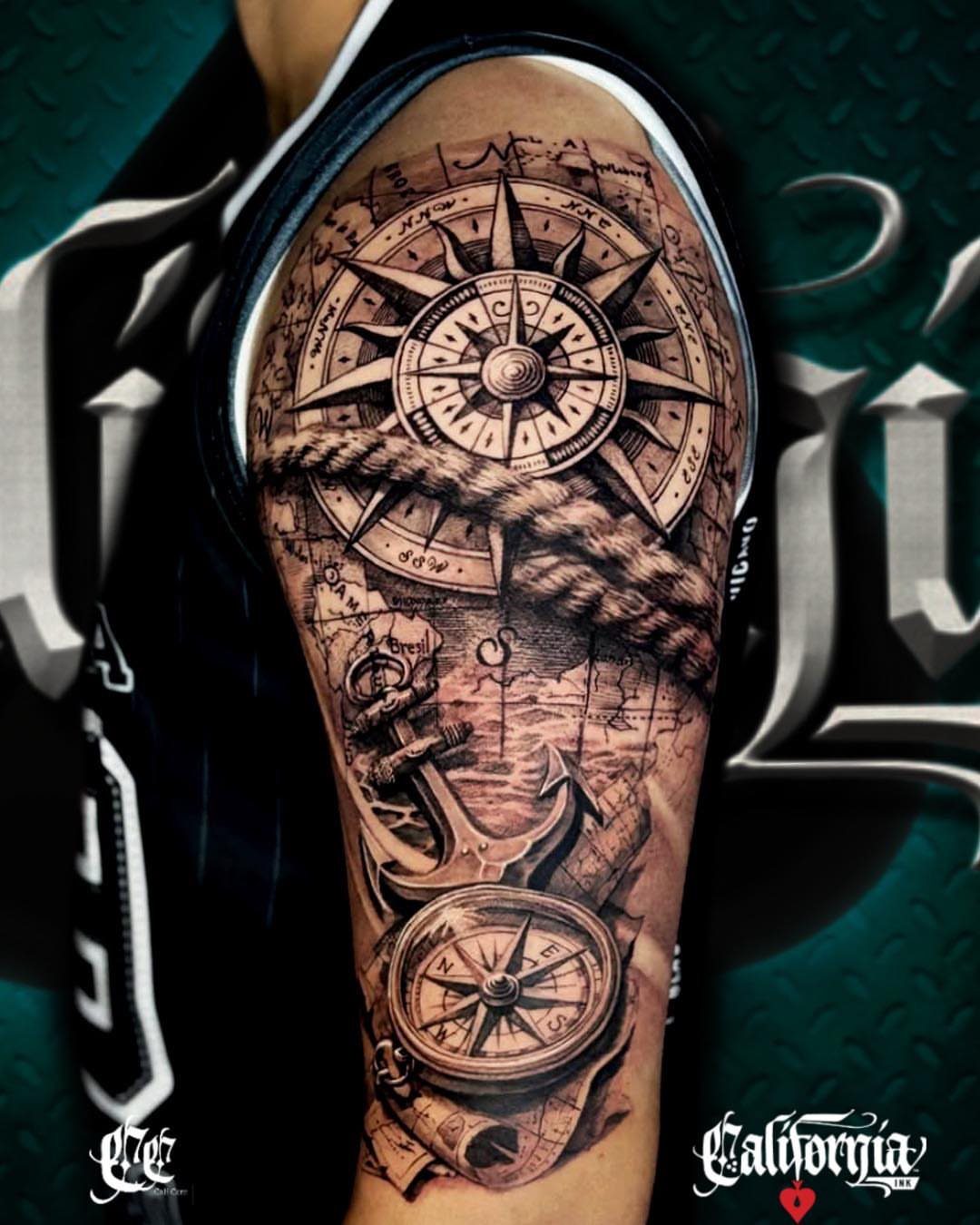 17 Tattoo Pattern on Arm Ideas: From Fine Line to Full Sleeve 11 A detailed black and grey sleeve tattoo featuring a compass, anchor, and rope on an arm.