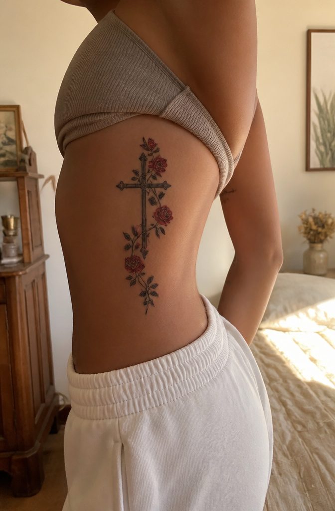 19 Rib Tattoos for Women: Ideas from Floral to Fine Line 8 Cross tattoo surrounded by roses on a woman's ribcage.