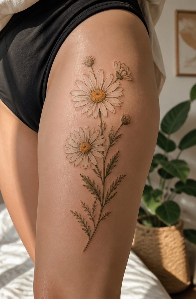 8 Side Thigh Flower Tattoos for Women (Ideas, Pain Guide & Styles) 8 Close-up of a daisy thigh tattoo showcasing delicate design.