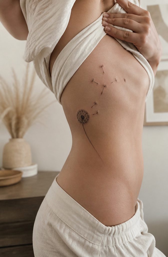 19 Rib Tattoos for Women: Ideas from Floral to Fine Line 11 Dandelion tattoo on a woman's ribcage.