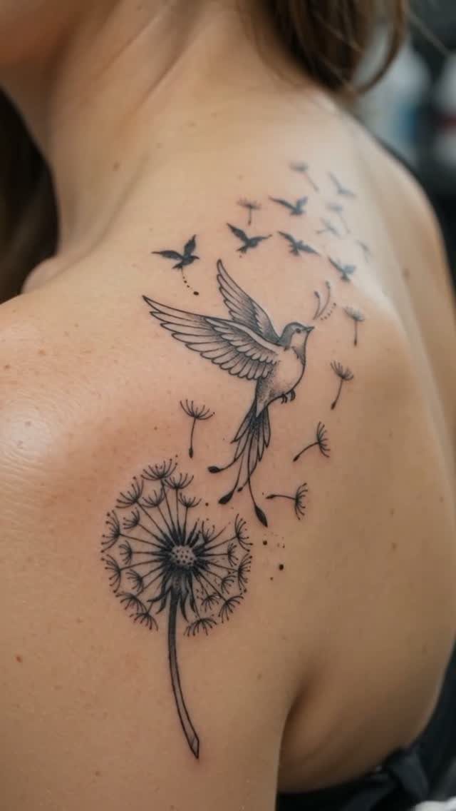 A fine line tattoo of a dandelion, a bird, and floating seeds on a person's shoulder.